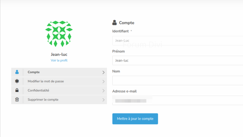 Gestion de votre compte sur le Forum Divi - Interface de l'onglet Compte Interface de l'onglet Compte